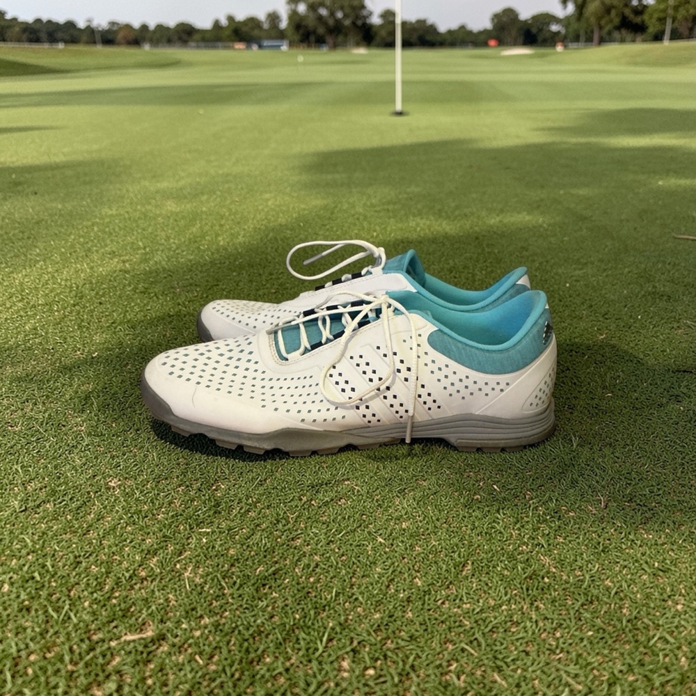 White and Blue Adidas men’s golf shoes